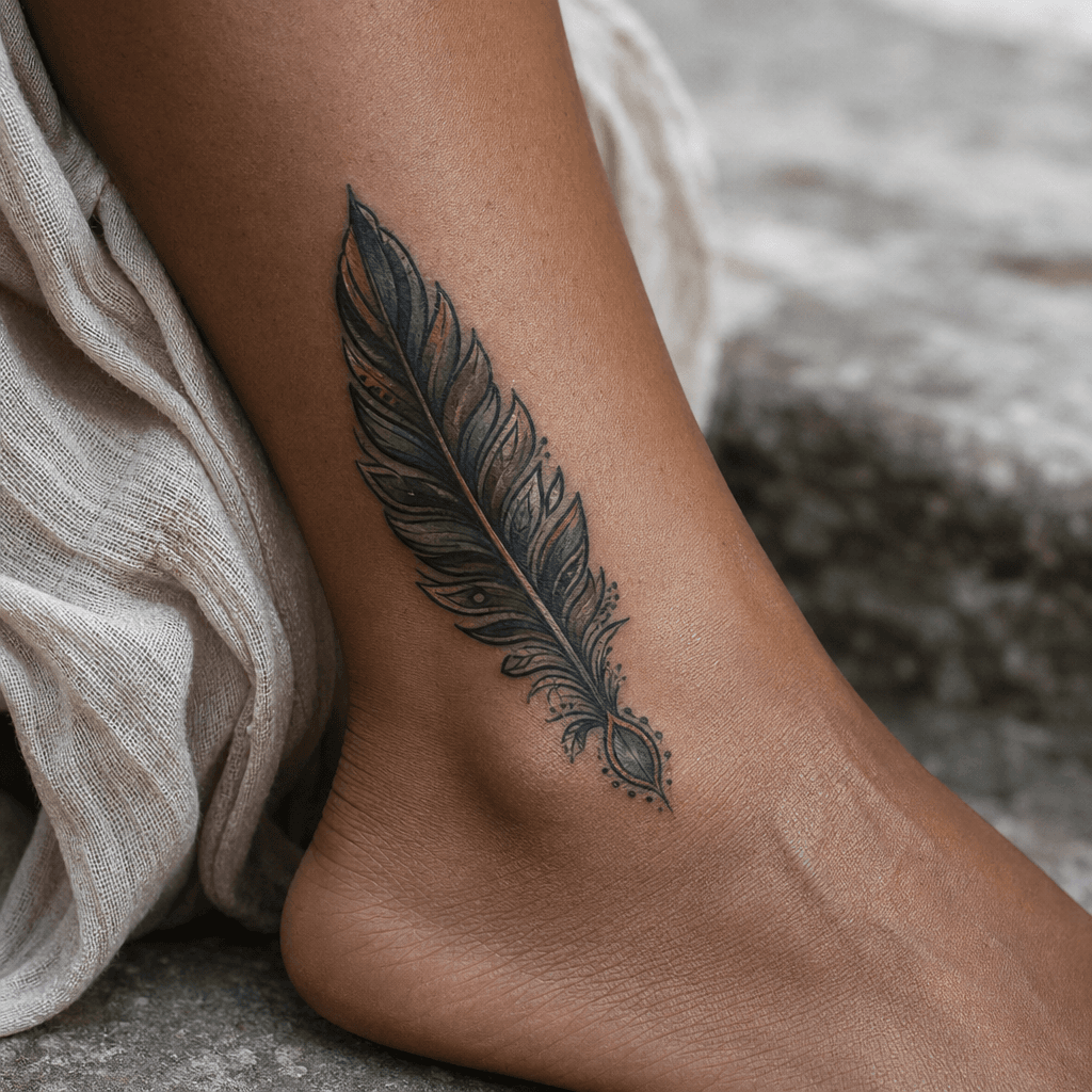 idée tatouage cheville plume néo-traditionnelle