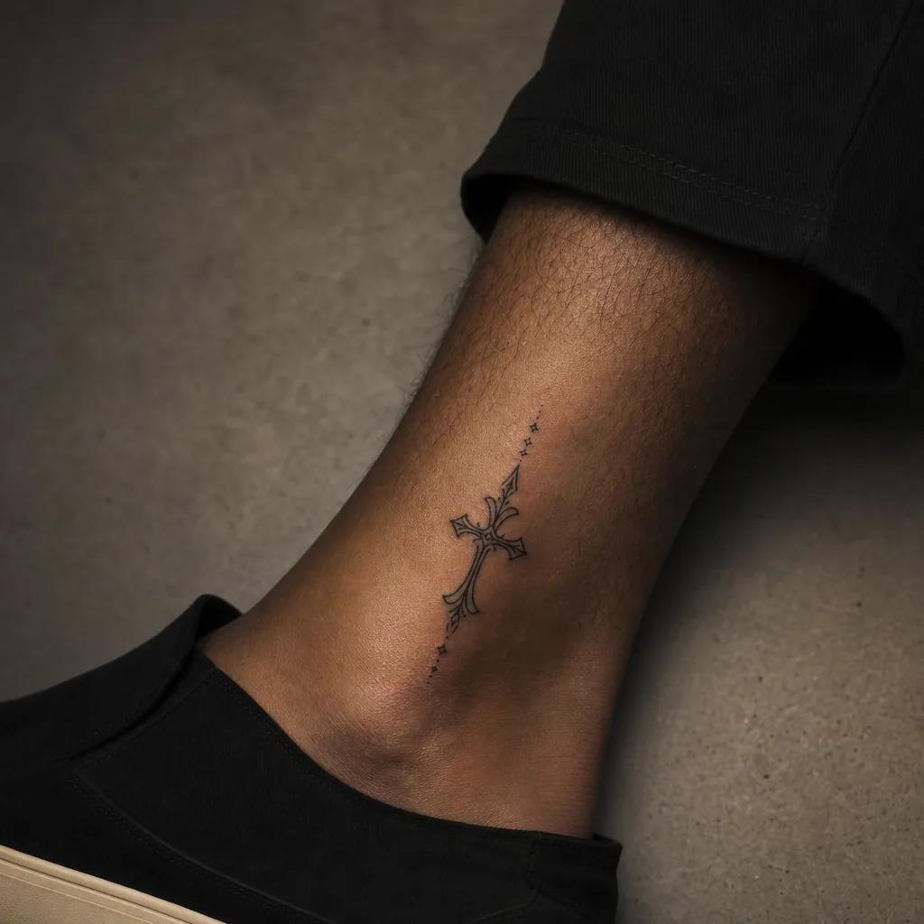 idée tatouage cheville croix spirituelle, photo réaliste sur peau