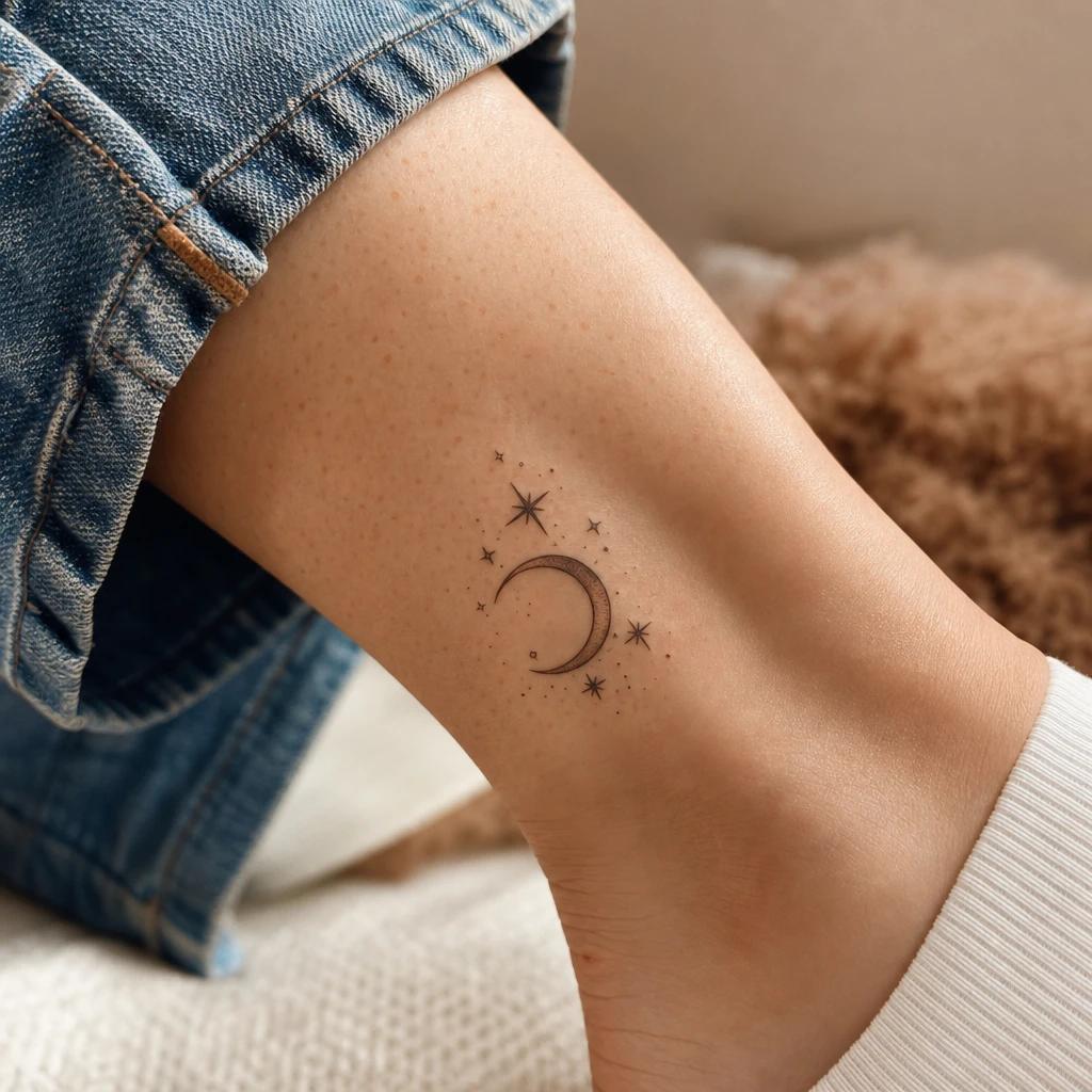 idée tatouage cheville femme lune et étoiles