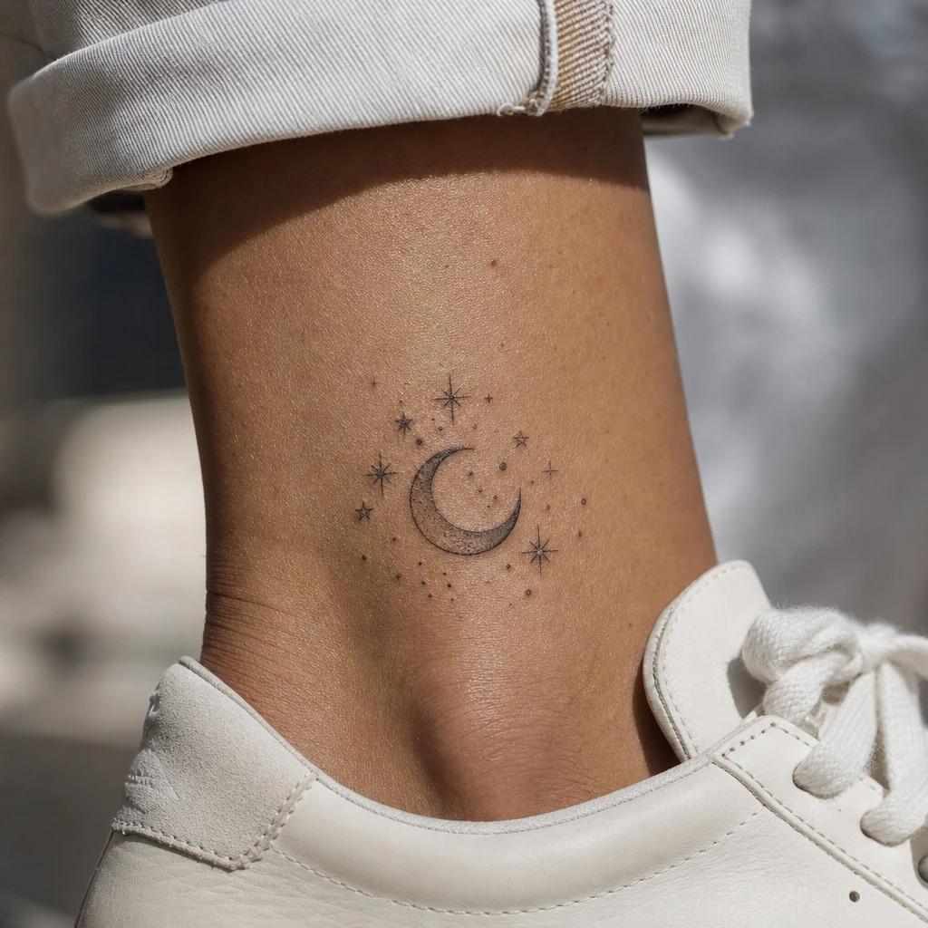 idée tatouage cheville femme lune et étoiles