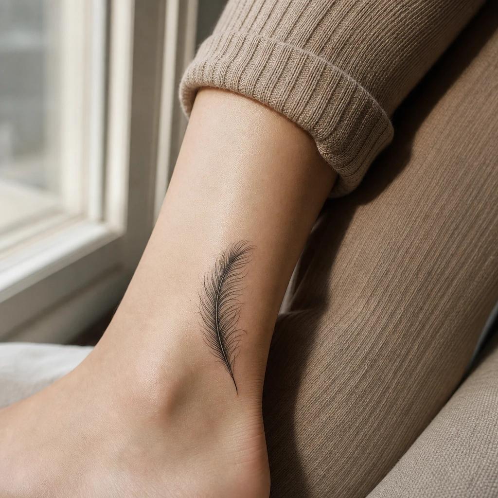 idée tatouage cheville femme plume délicate
