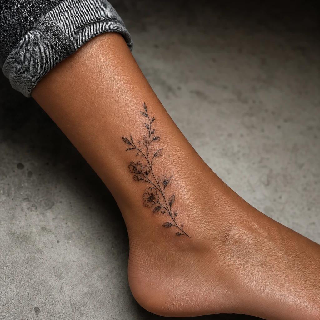 idée tatouage cheville femme branche fleurie fine