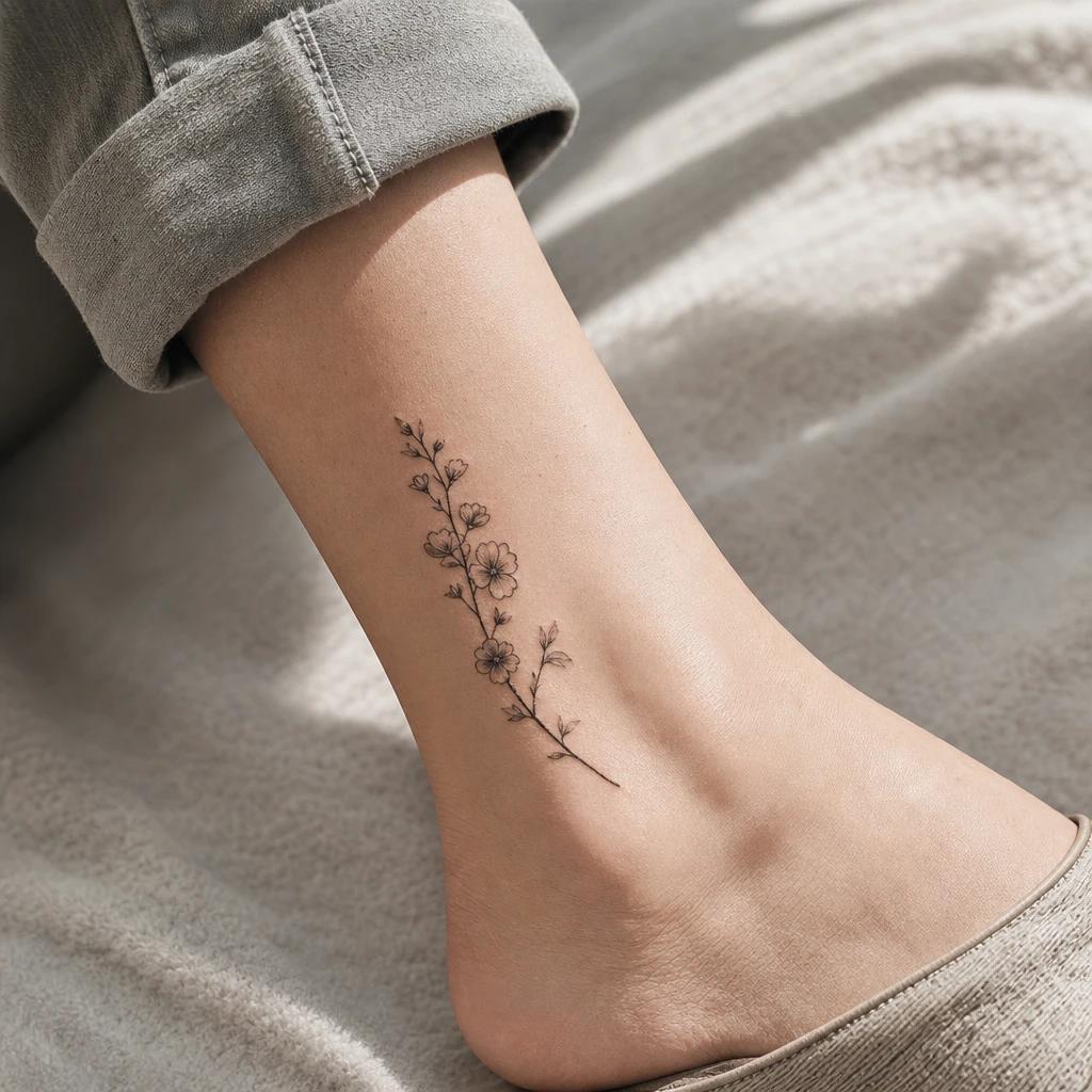 idée tatouage cheville femme branche fleurie fine