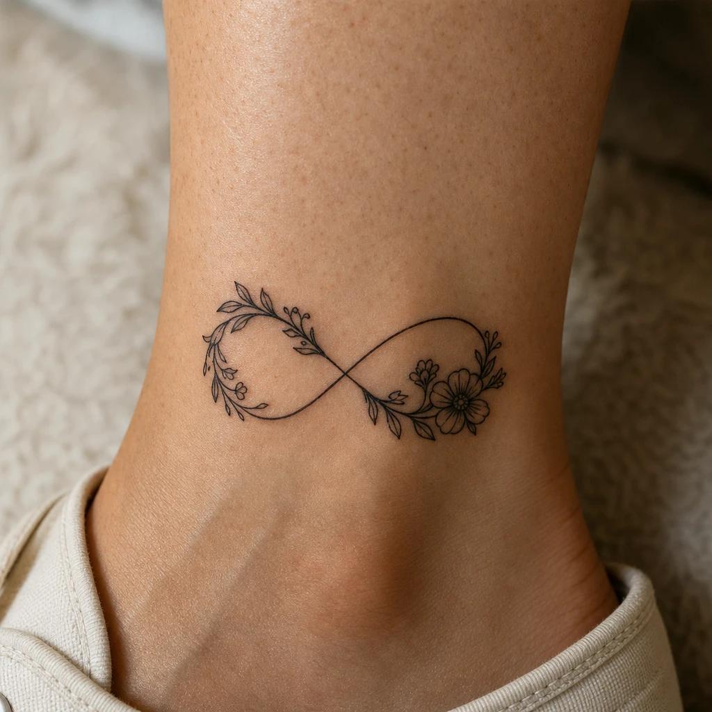 idée tatouage cheville femme symbole infini fleuri