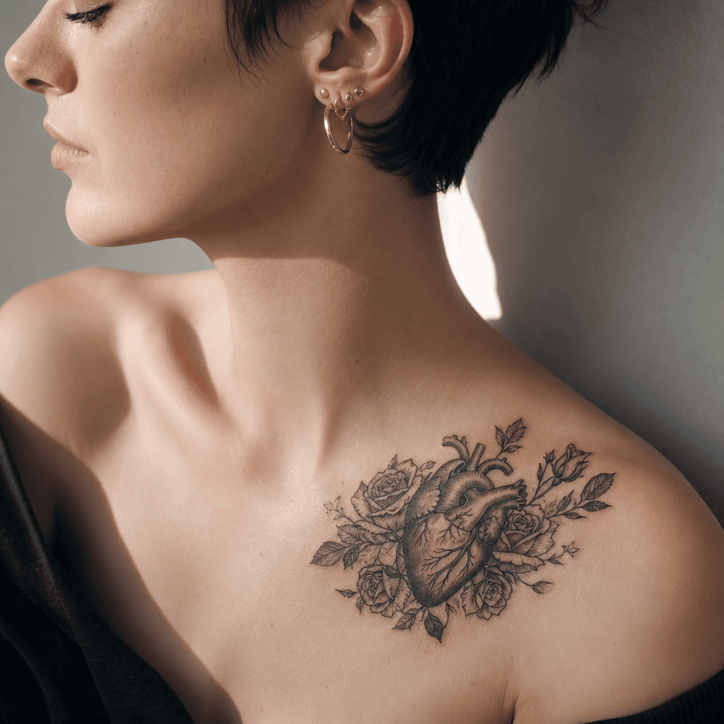 idée tatouage coeur coeur entoure roses