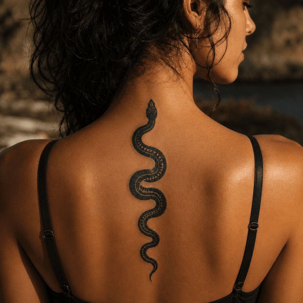 idée tatouage colonne vertébrale serpent blackwork