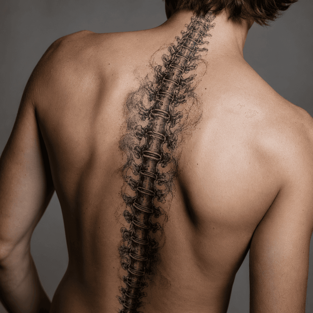 idée tatouage colonne vertébrale réalisme noir et gris