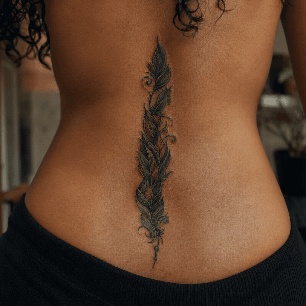 idée tatouage colonne vertébrale plumes néo-traditionnelles