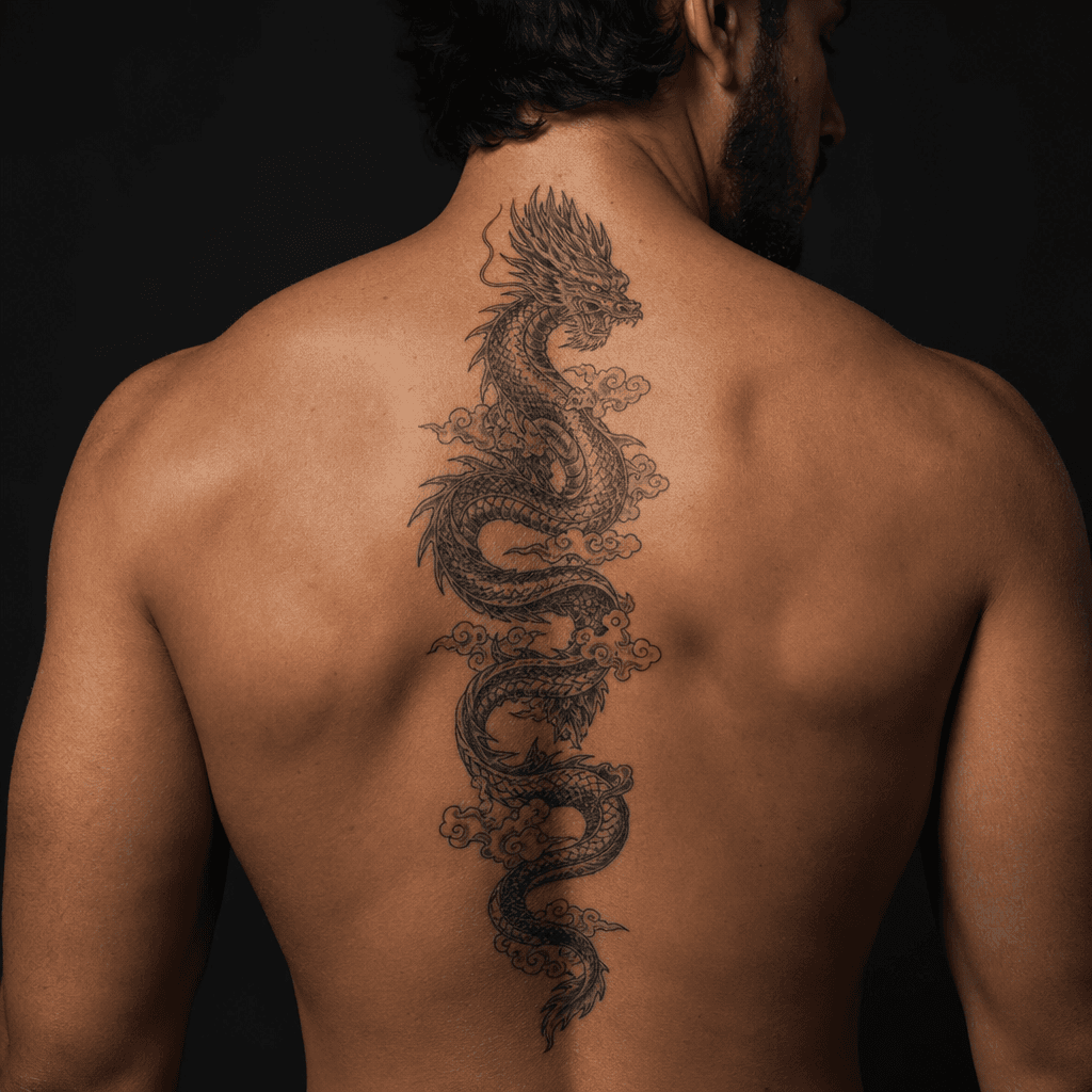 idée tatouage colonne vertébrale dragon japonais vertical