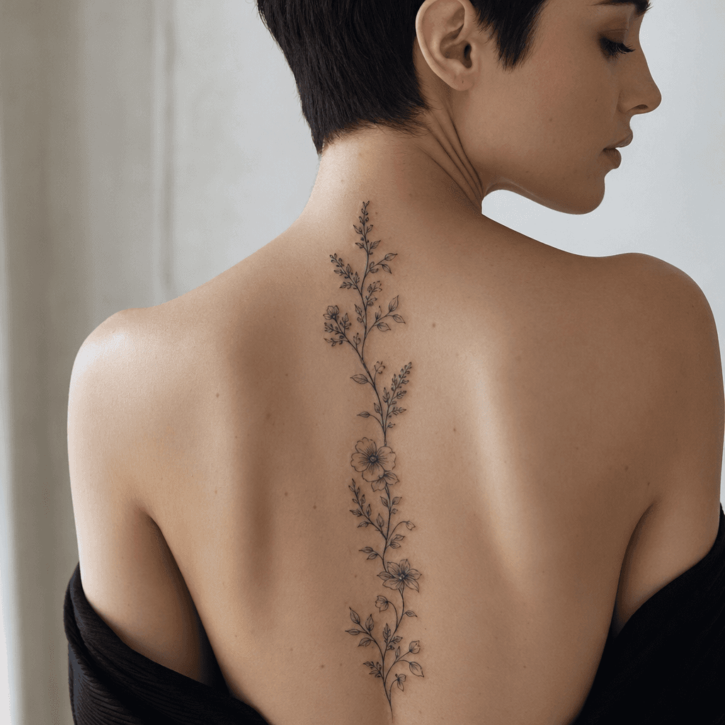 idée tatouage colonne vertébrale vigne florale ascendante