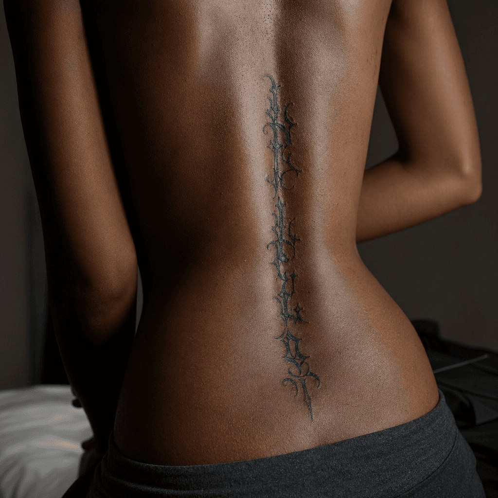 idée tatouage colonne vertébrale lettrage gothique vertical