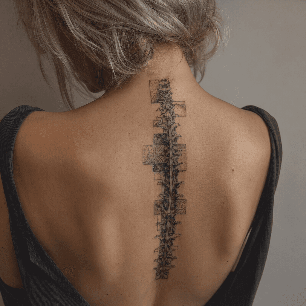 idée tatouage colonne vertébrale patchwork flash dorsal