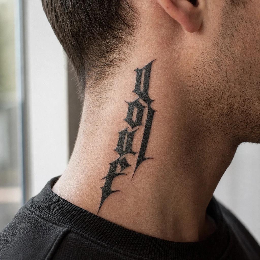 idée tatouage cou homme lettrage gothique côté cou