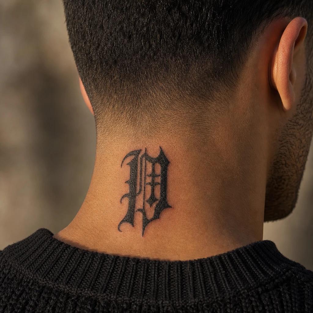idée tatouage cou homme lettrage gothique côté cou