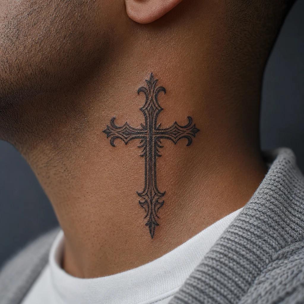 idée tatouage cou homme croix religieuse gorge