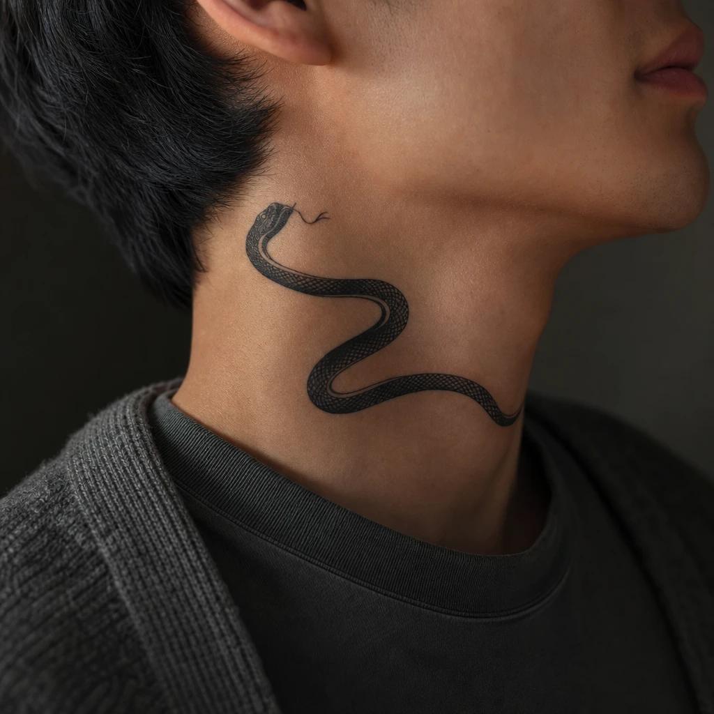 idée tatouage cou homme serpent blackwork latéral
