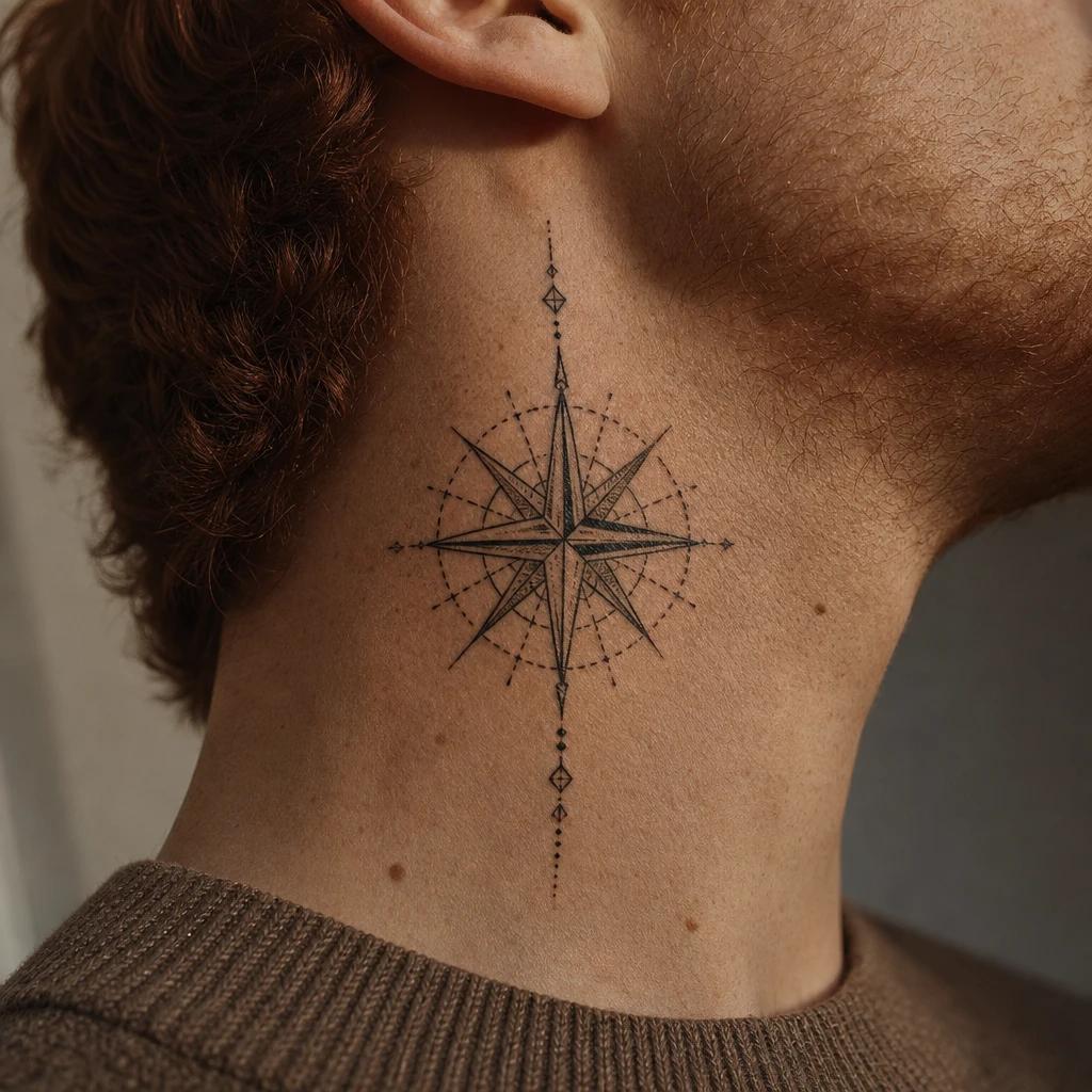 idée tatouage cou homme étoile boussole géométrique