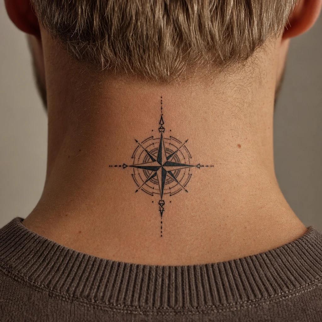 idée tatouage cou homme étoile boussole géométrique
