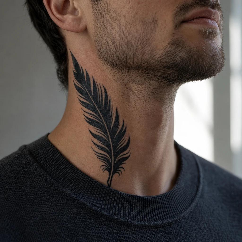 idée tatouage cou homme plume blackwork
