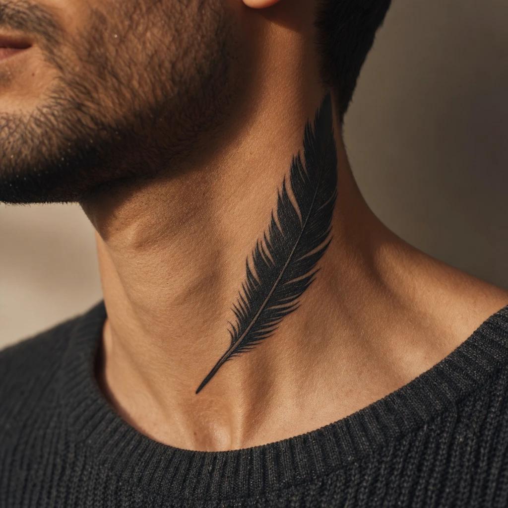 idée tatouage cou homme plume blackwork