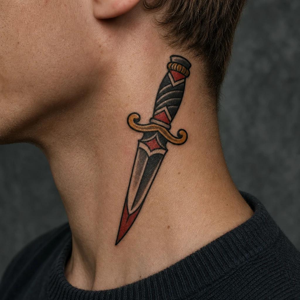 idée tatouage cou homme dague old school