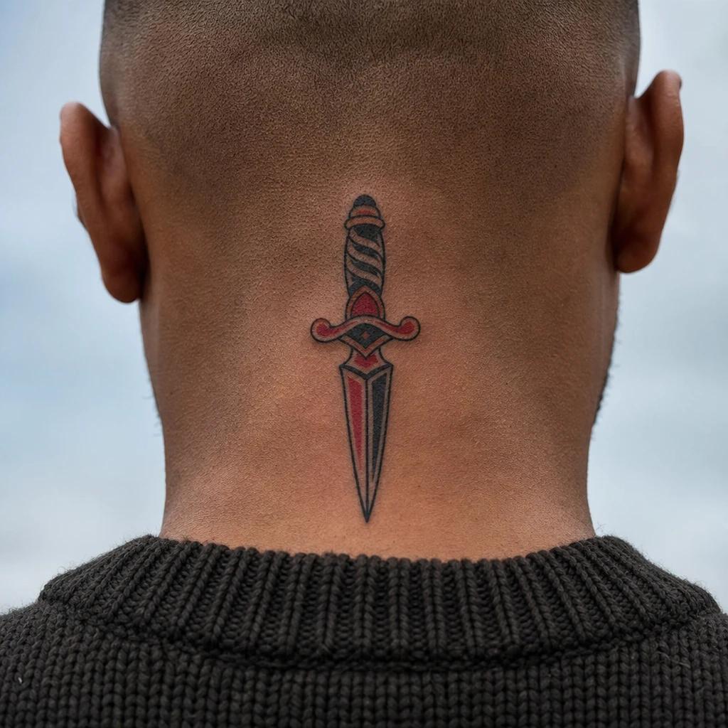 idée tatouage cou homme dague old school