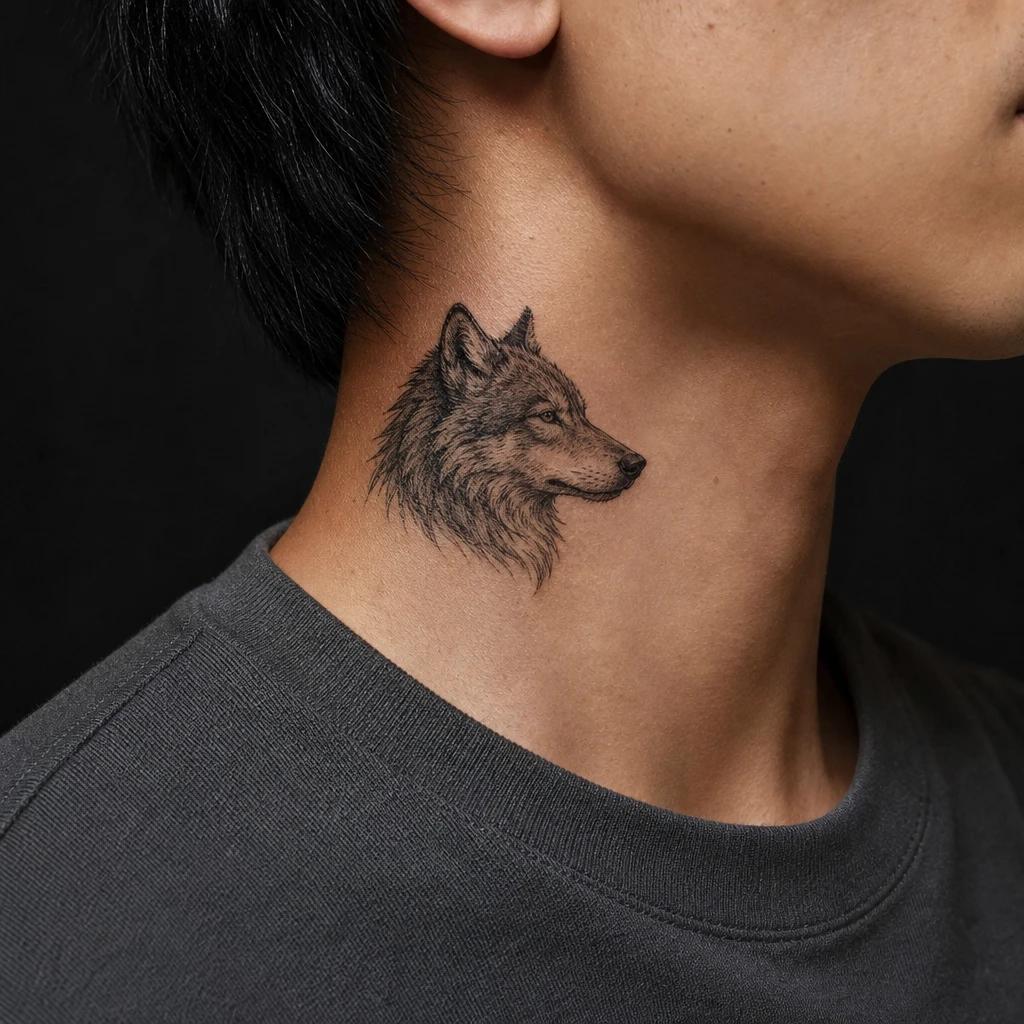 idée tatouage cou homme tête de loup miniature