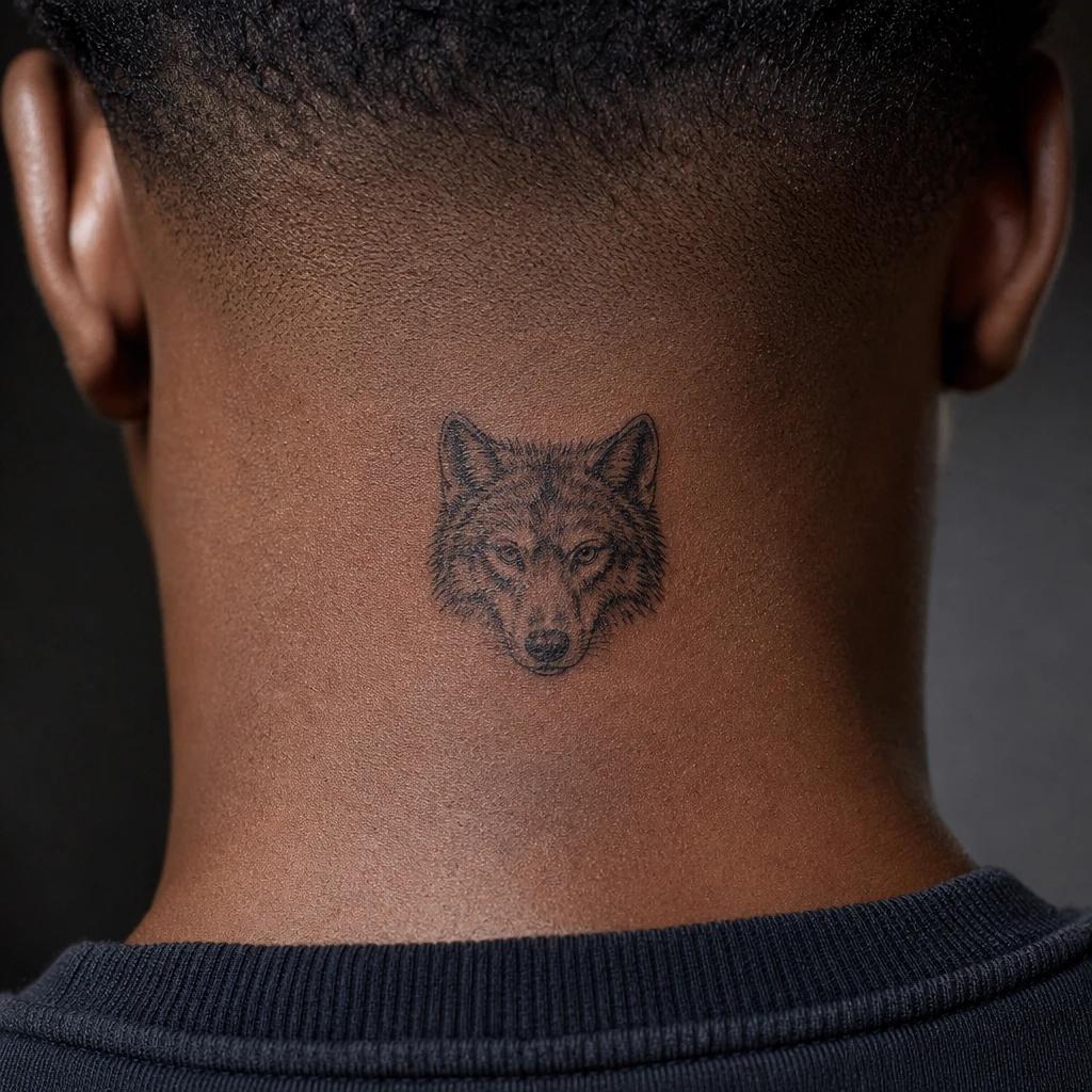 idée tatouage cou homme tête de loup miniature