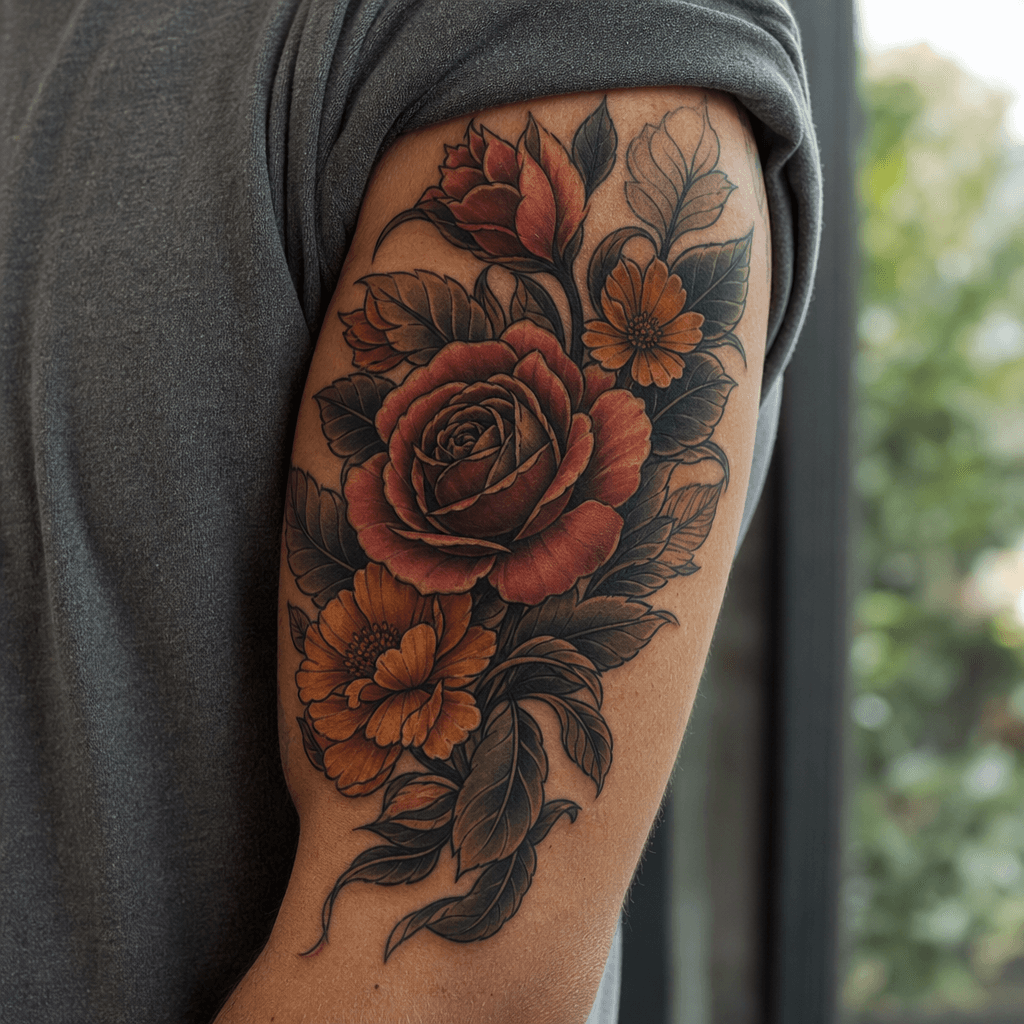 idée tatouage cover cover néo-traditionnel floral