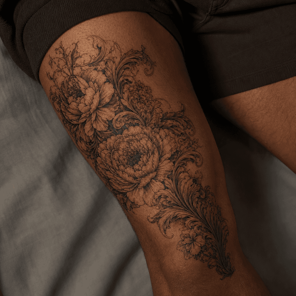 idée tatouage cover bouquet baroque enveloppant