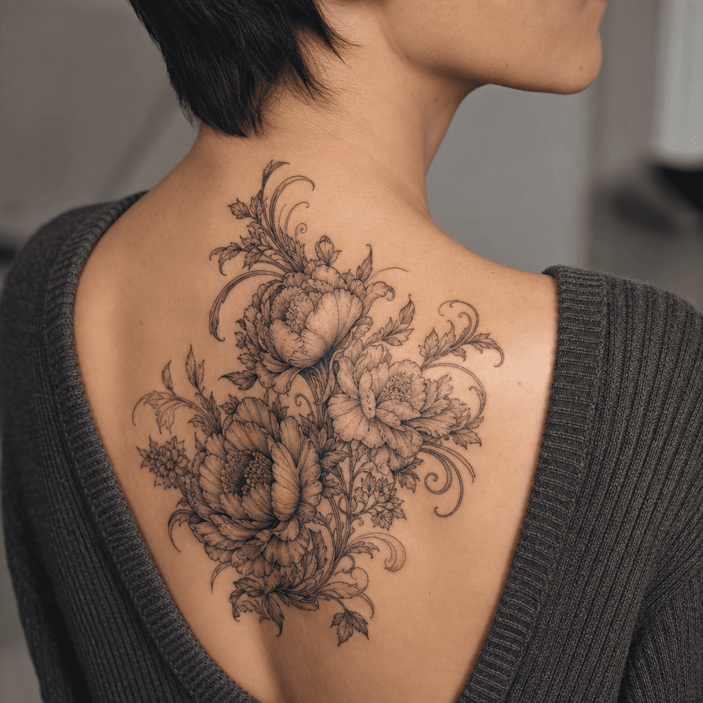 idée tatouage cover bouquet baroque enveloppant