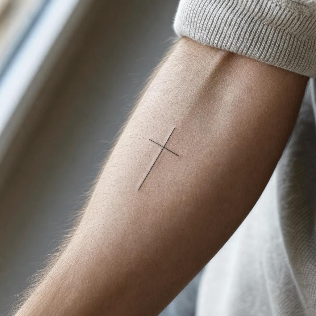 idée tatouage croix croix fine minimaliste, photo réaliste sur peau