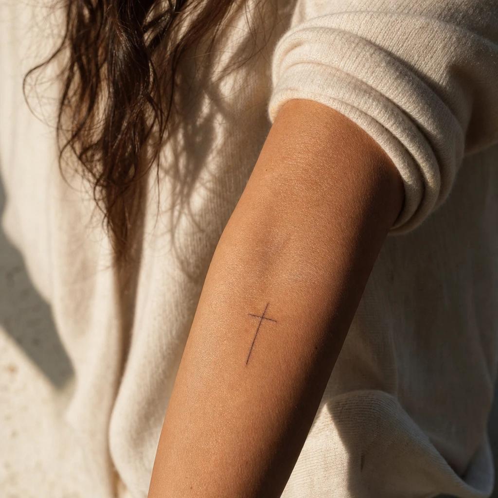 idée tatouage croix croix fine minimaliste, photo réaliste sur peau