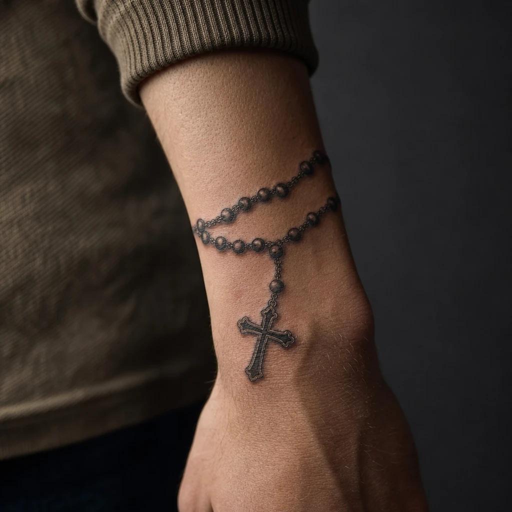 idée tatouage croix croix et chapelet realiste, photo réaliste sur peau