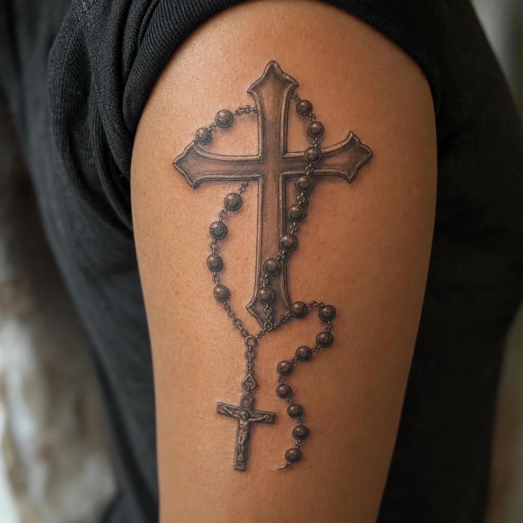 idée tatouage croix croix et chapelet realiste, photo réaliste sur peau