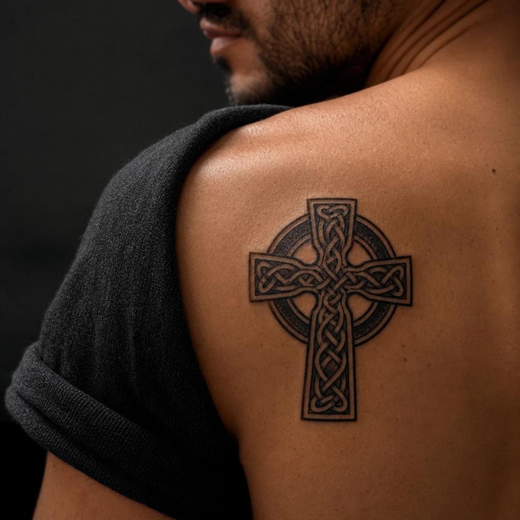 idée tatouage croix croix celtique entrelacee, photo réaliste sur peau