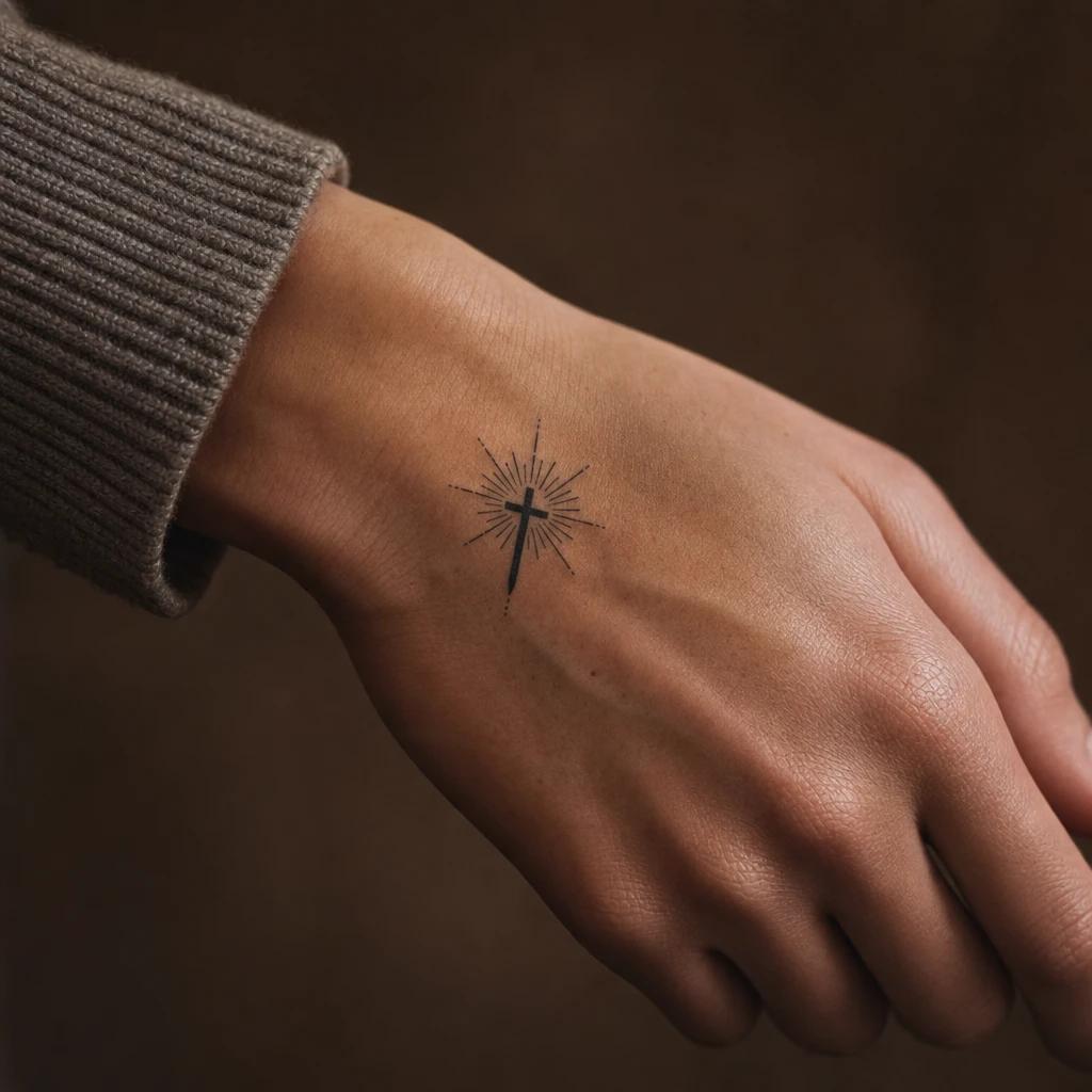 idée tatouage croix croix rayons lumineux, photo réaliste sur peau