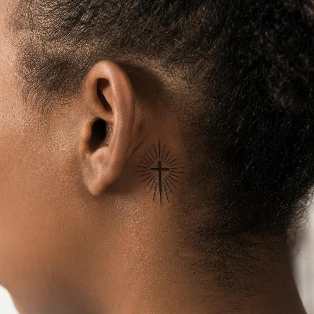 idée tatouage croix croix rayons lumineux, photo réaliste sur peau