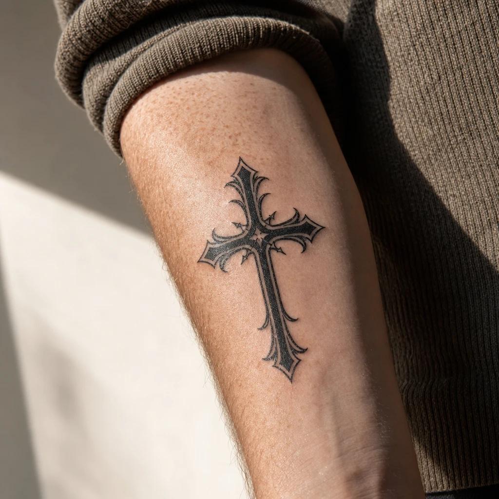 idée tatouage croix croix gothique ornementale, photo réaliste sur peau