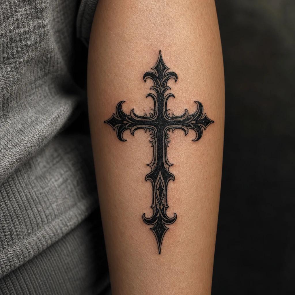 idée tatouage croix croix gothique ornementale, photo réaliste sur peau
