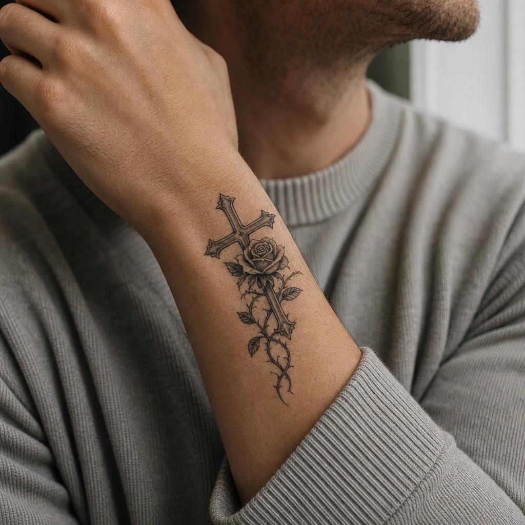 idée tatouage croix croix et rose entrelacees, photo réaliste sur peau