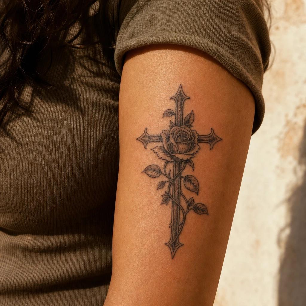 idée tatouage croix croix et rose entrelacees, photo réaliste sur peau