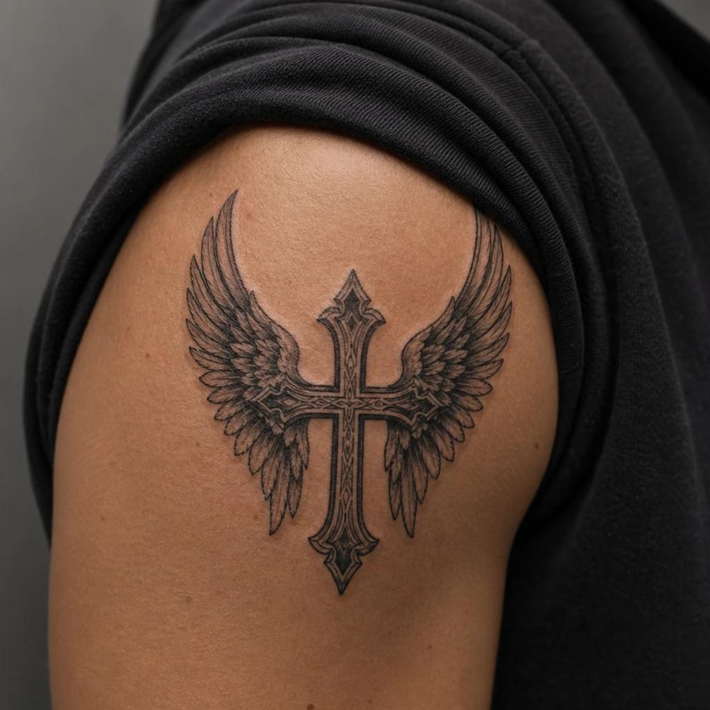 idée tatouage croix croix ailes d ange, photo réaliste sur peau