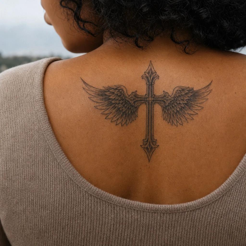 idée tatouage croix croix ailes d ange, photo réaliste sur peau