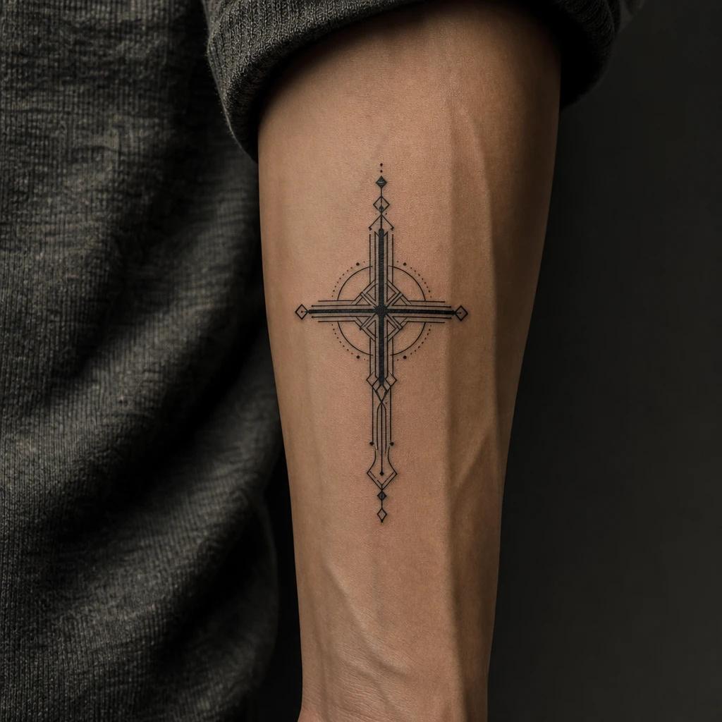 idée tatouage croix croix geometrique moderne, photo réaliste sur peau
