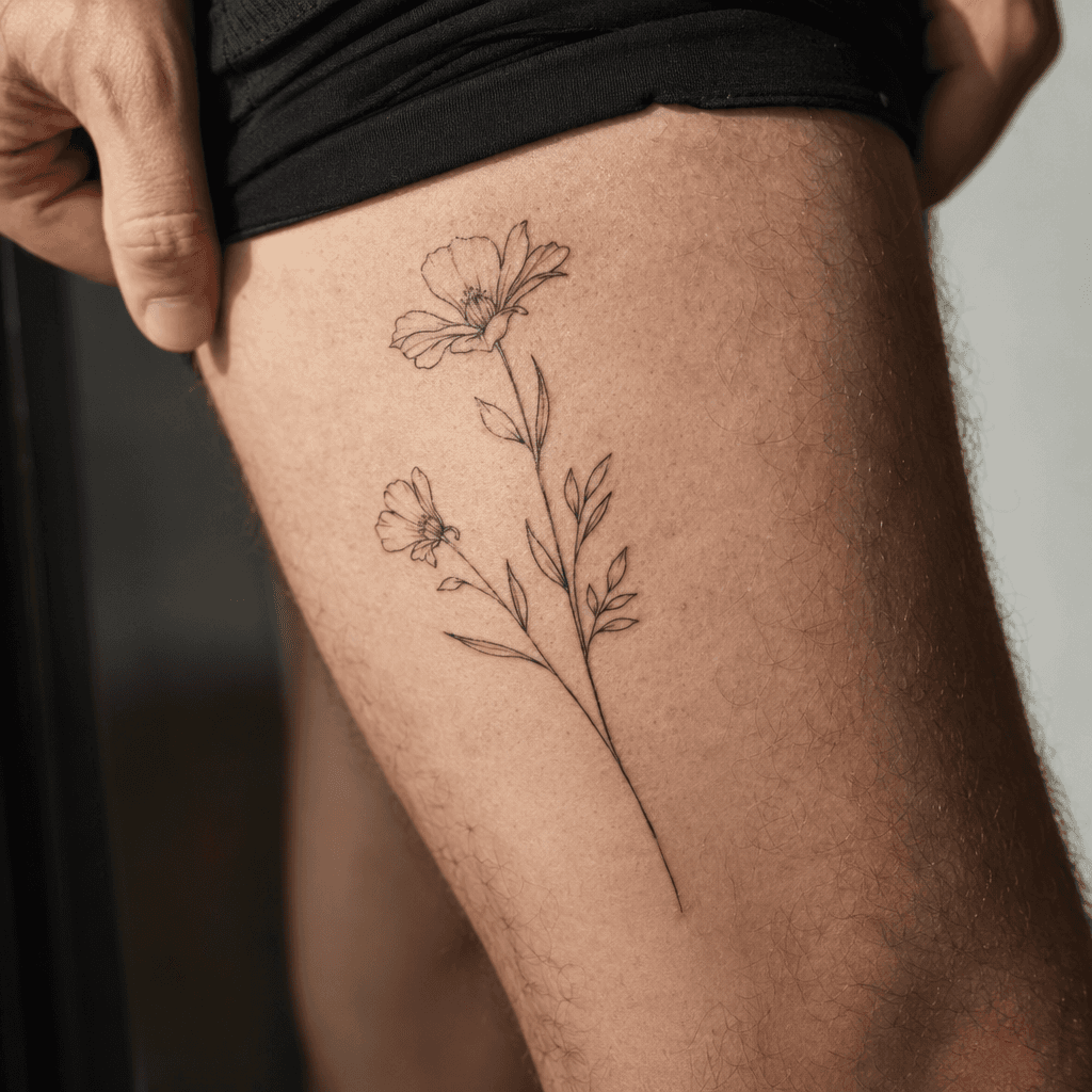 idée tatouage cuisse composition florale minimaliste