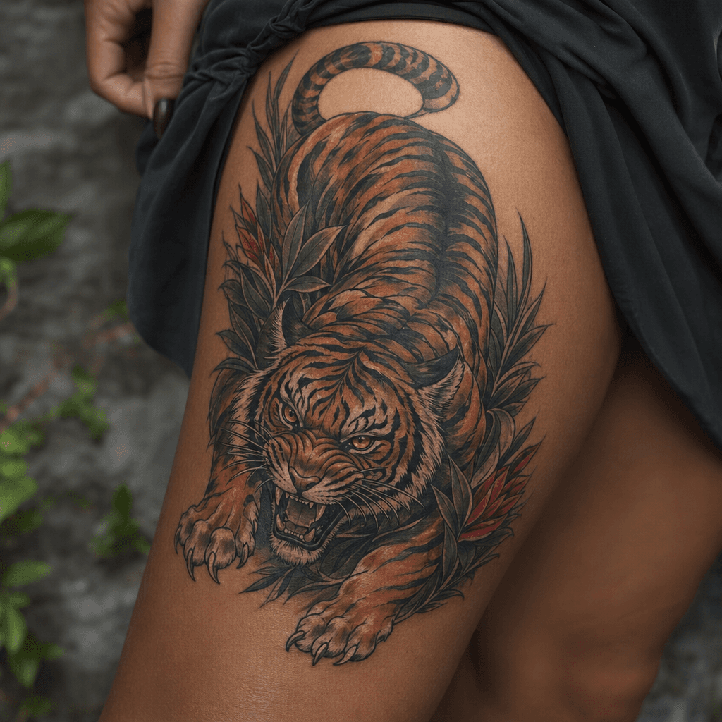 idée tatouage cuisse tigre néo-traditionnel