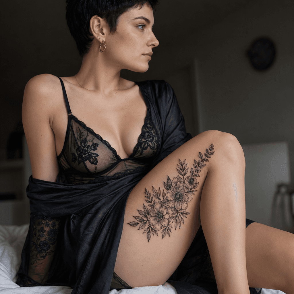 idée tatouage cuisse bouquet floral détaillé