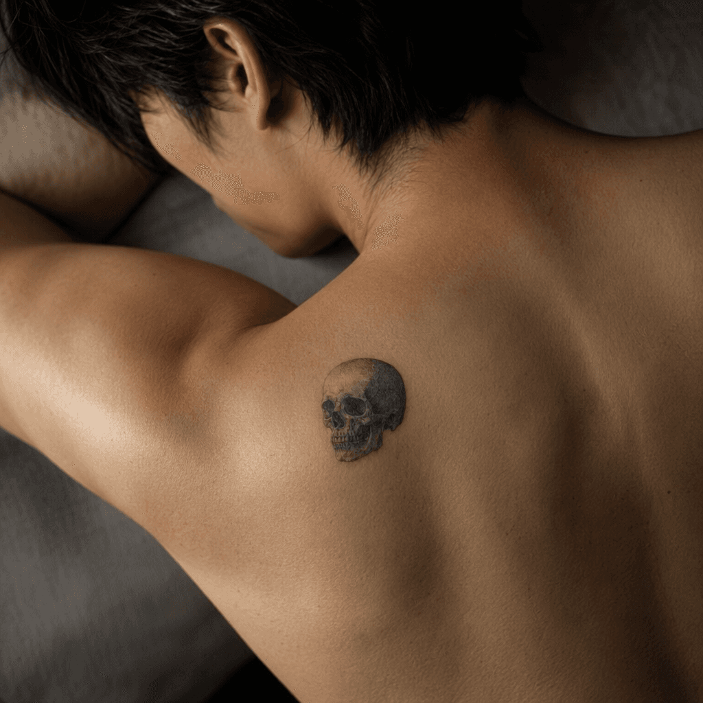 Tatouage crâne réaliste à l'omoplate, complètement invisible en chemise