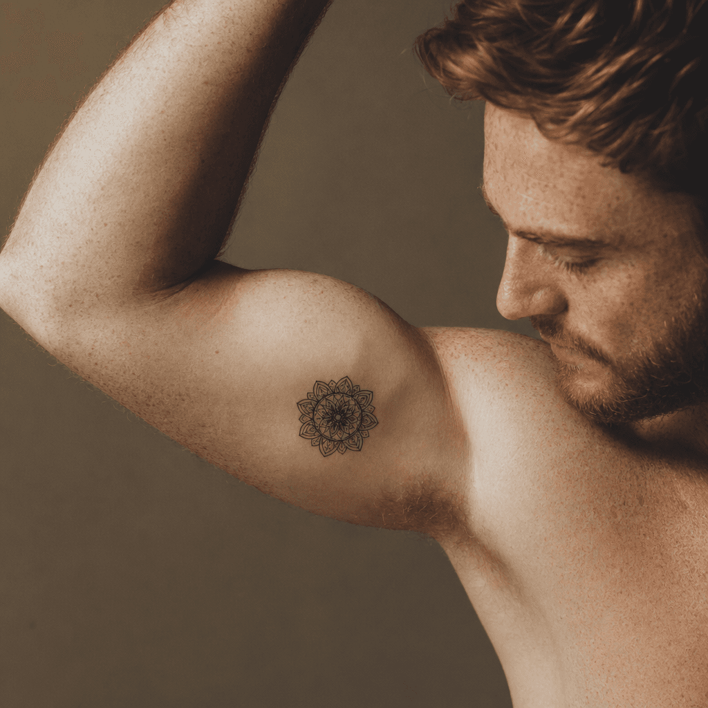 Mandala discret sur l'intérieur du biceps, invisible sous t-shirt classique